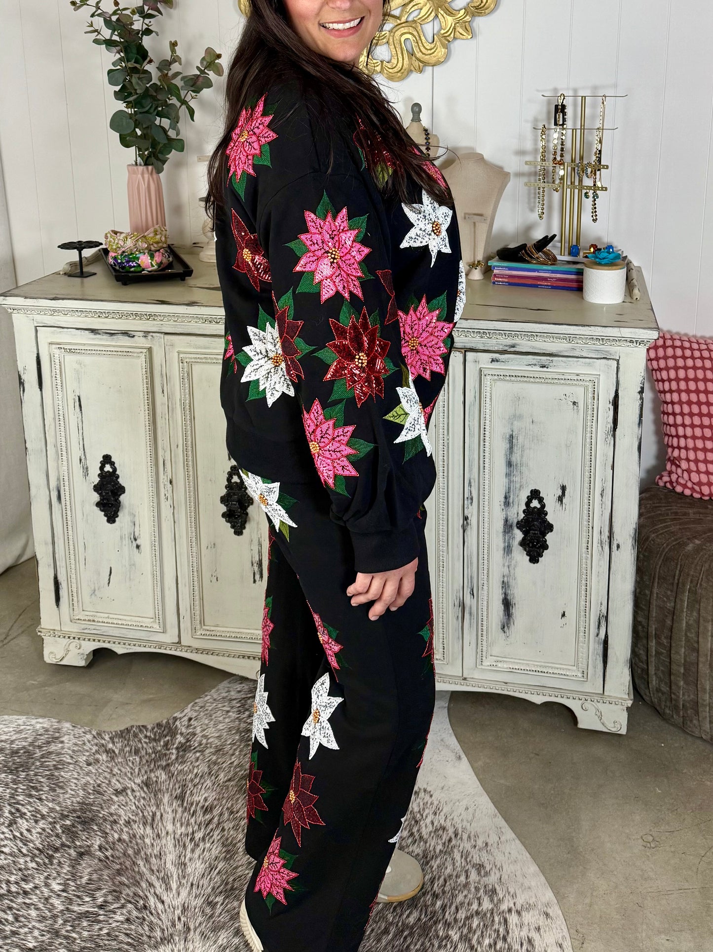 Queen of Sparkles Black Poinsettia Sweatpants
