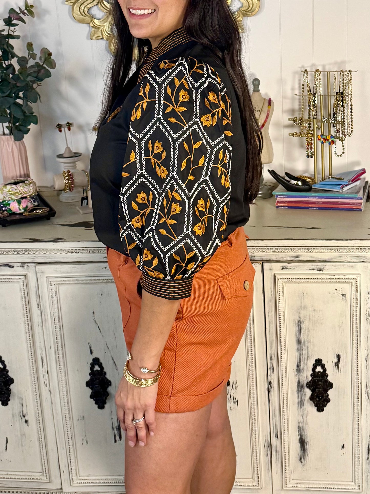 Black Embroidered Floral Pattern Top