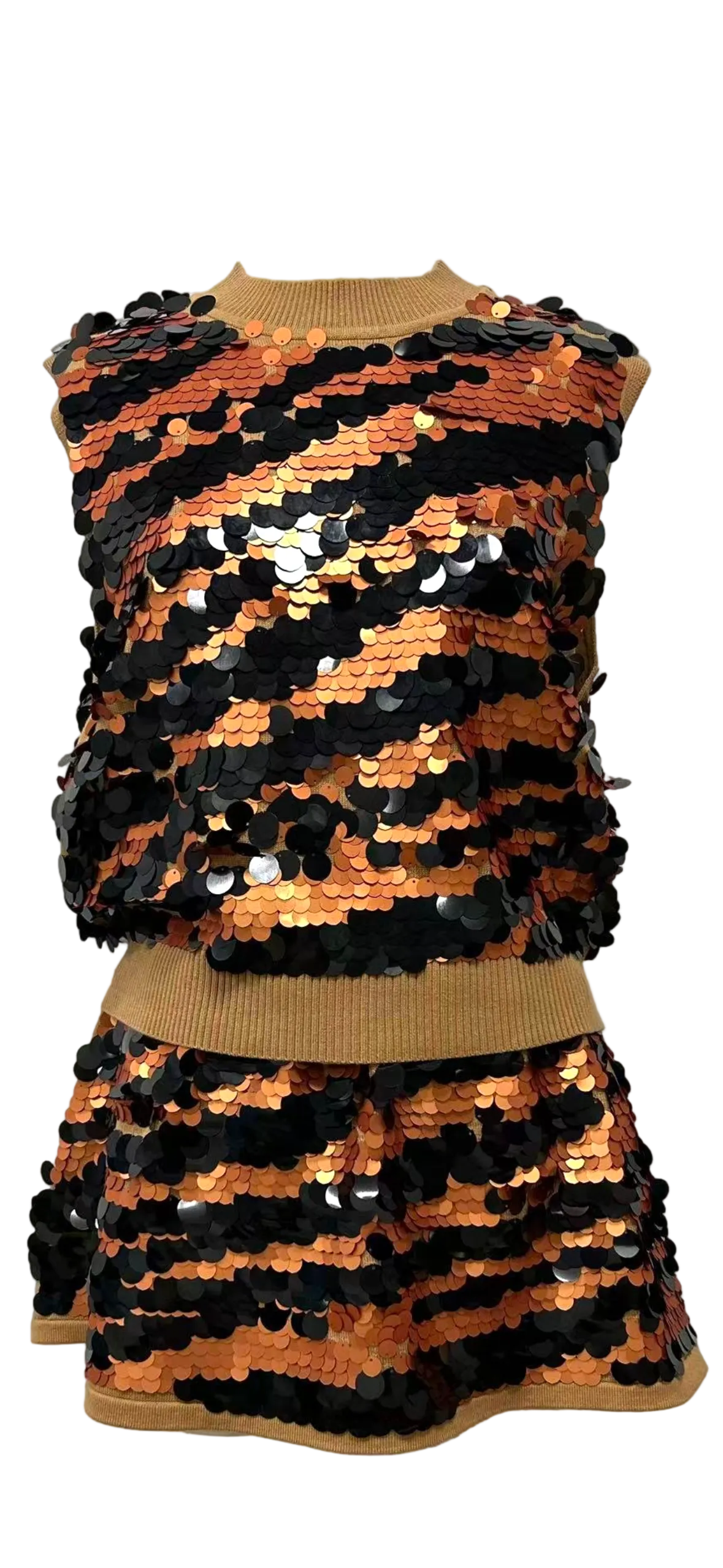 Queen of Sparkles Tan Sequin Pailette Tiger Knit Tank
