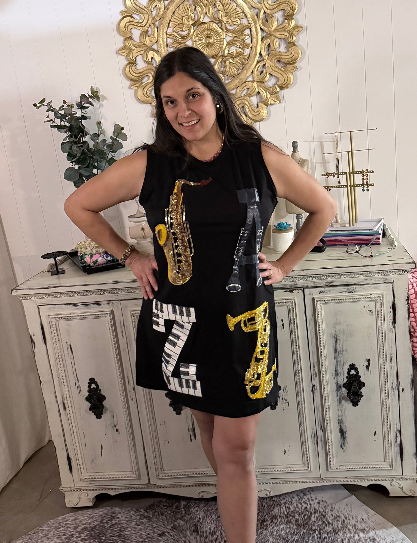 Queen of Sparkles Black Jazz Instrument Tank Dress