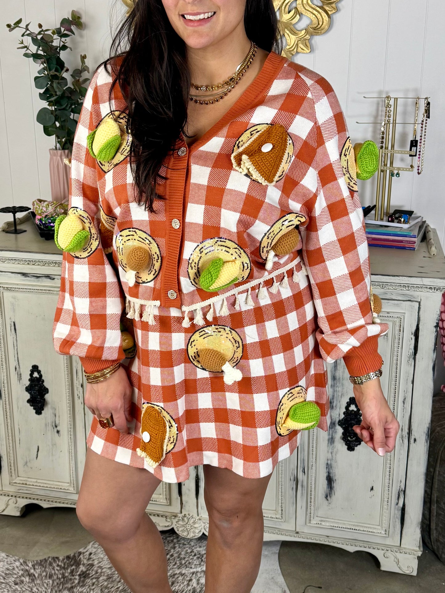 Queen of Sparkles Orange Checkered Thanksgiving Food Cardigan