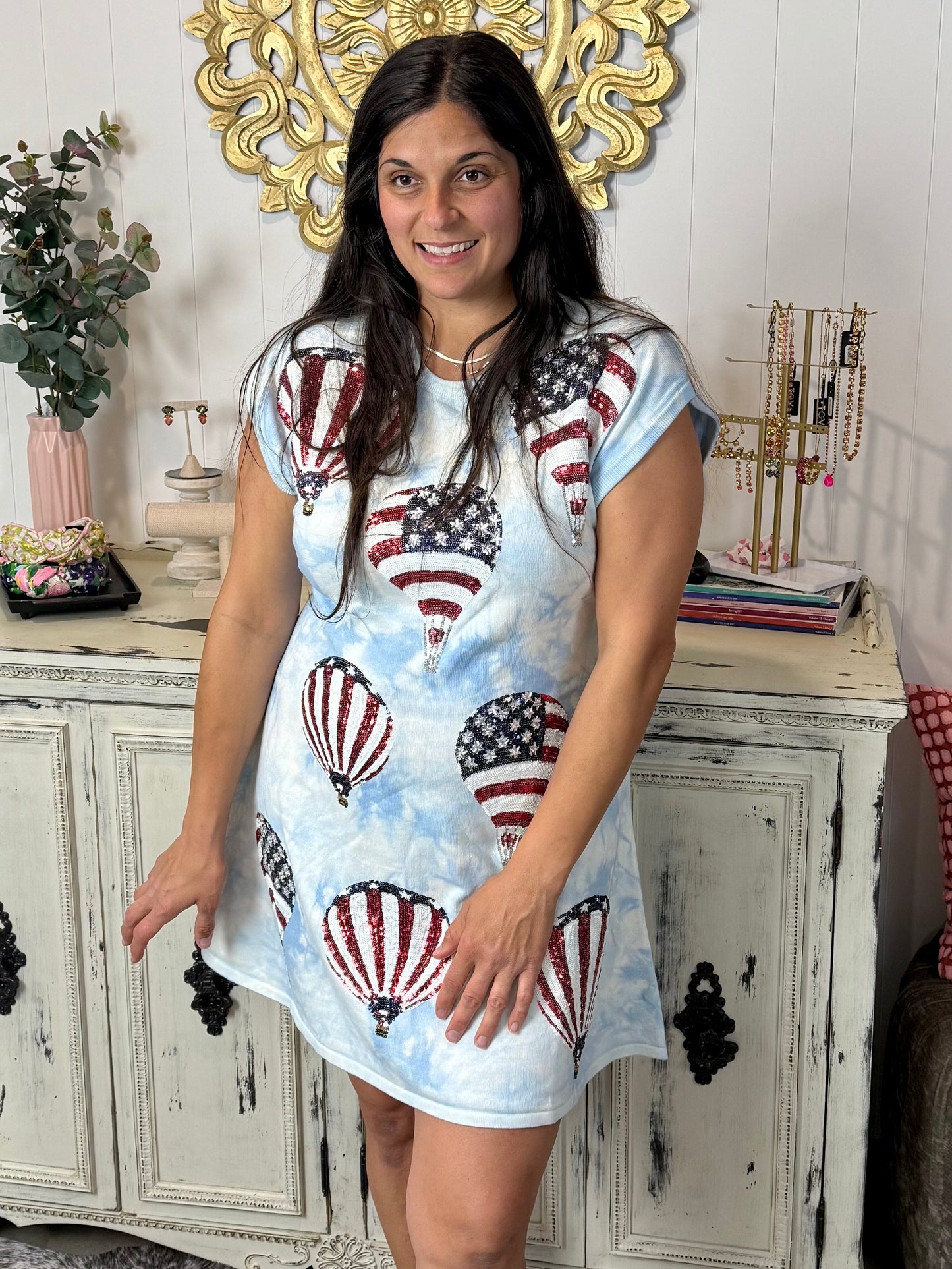Queen of Sparkles Light Blue Tie Dye USA Hot Air Balloon Dress