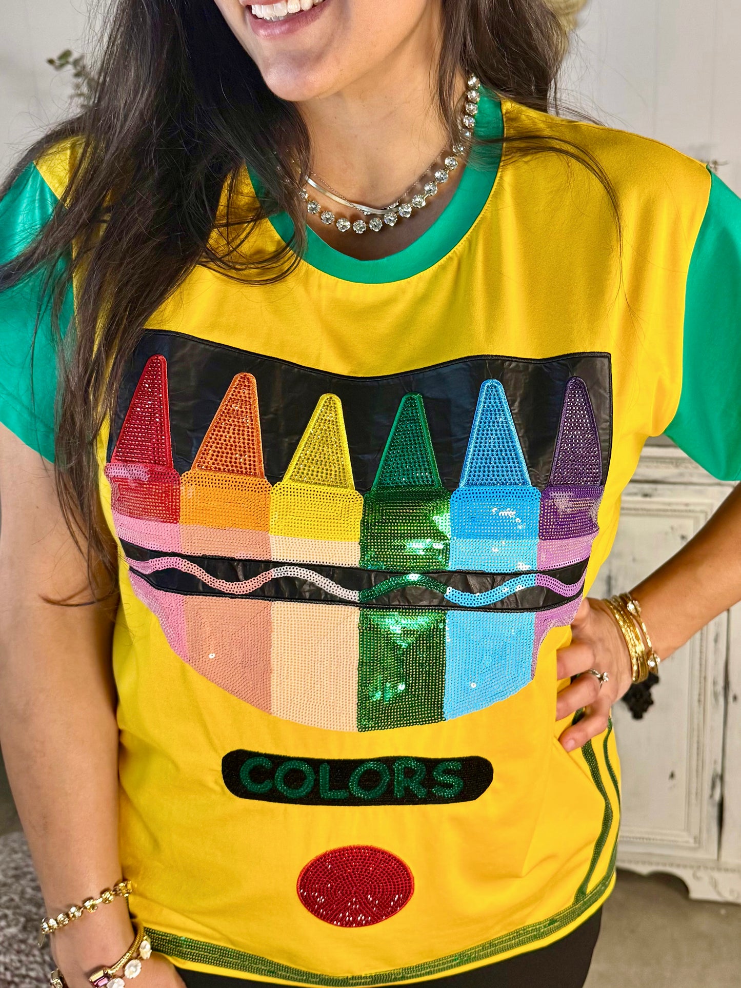 Queen of Sparkles Green and Yellow Crayon Tee