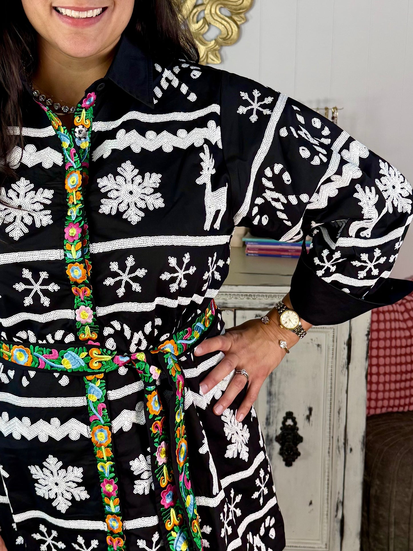 Queen of Sparkles Nordic Reindeer & Snowflake Dress