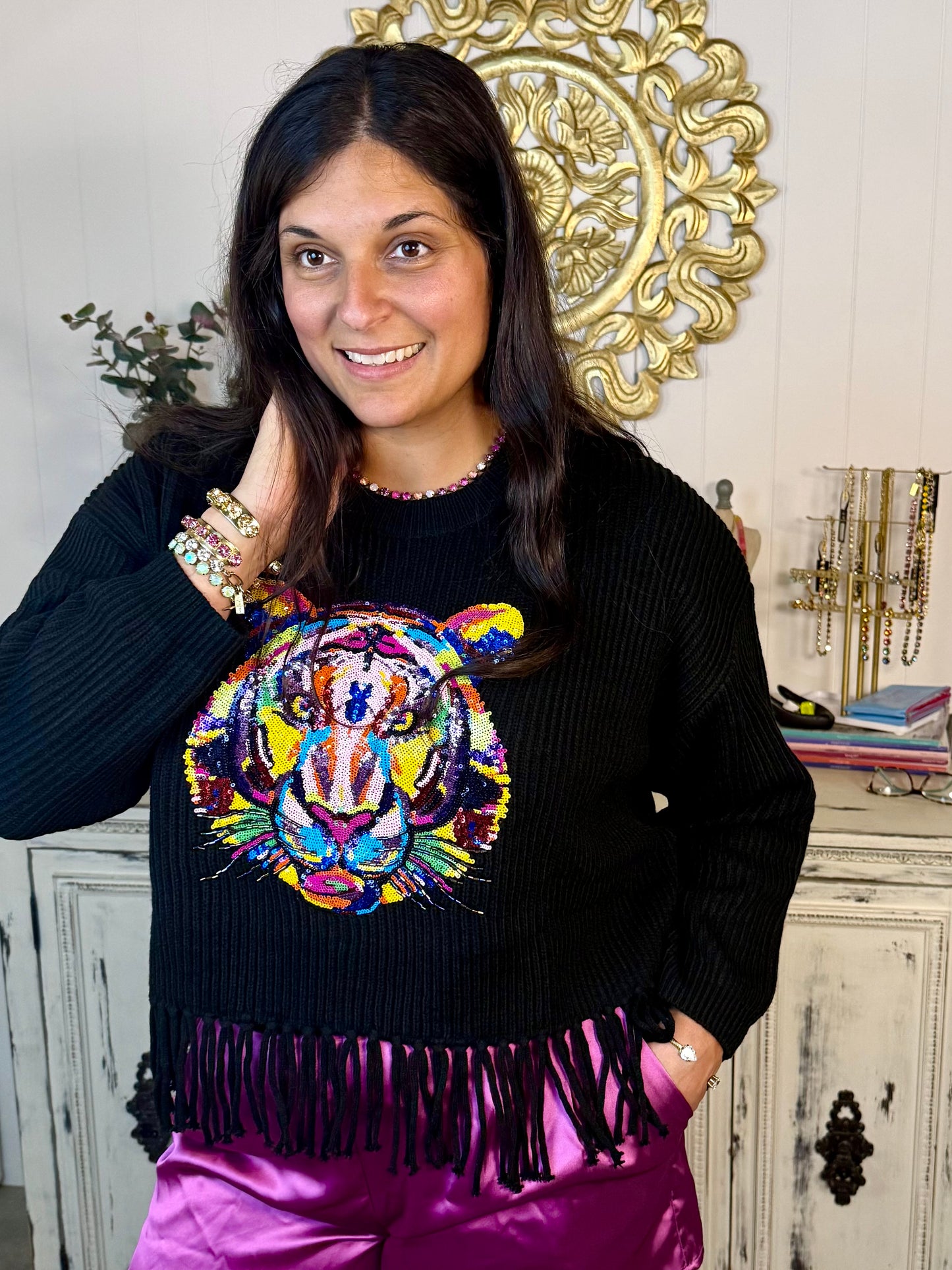 Queen of Sparkles Black Fringe Sweater with Rainbow Tiger