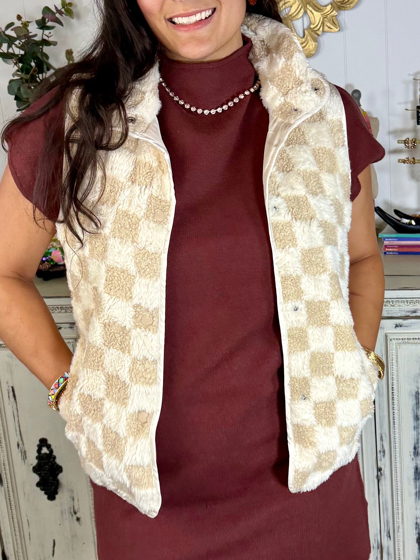 Khaki Checkered Sherpa Snap Vest