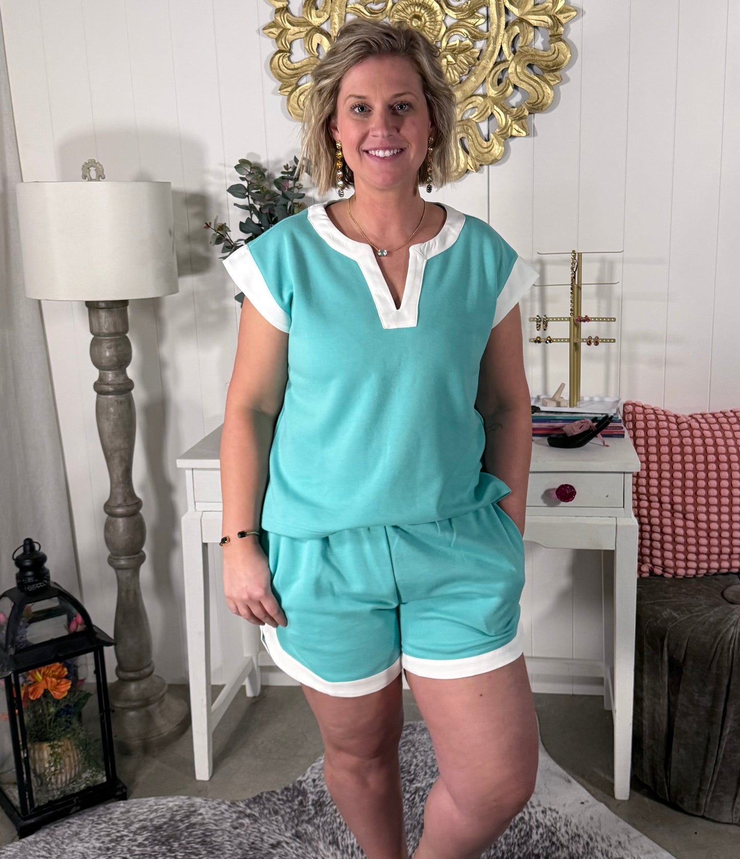 Jade and White Trim Contrast Pique Top