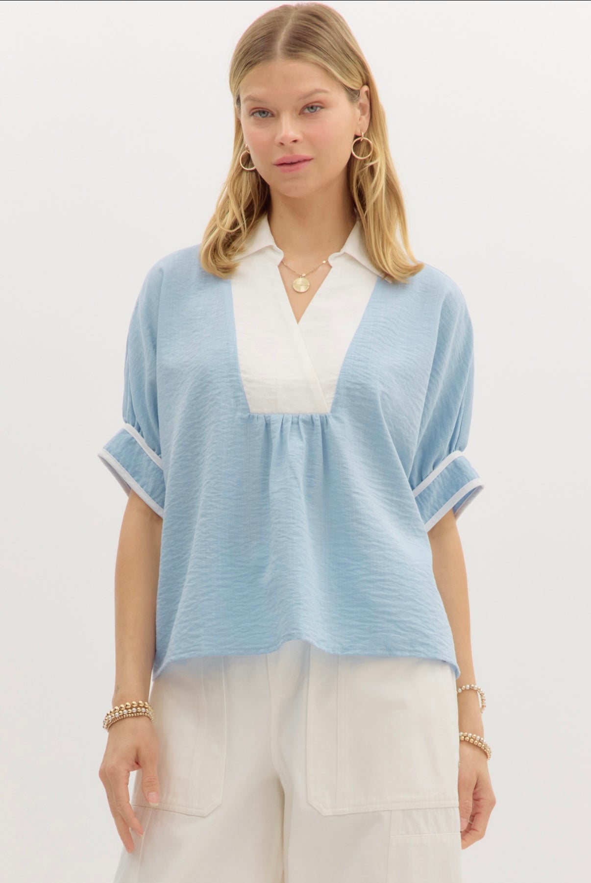 Blue Collared Dolman Sleeve Pullover Top