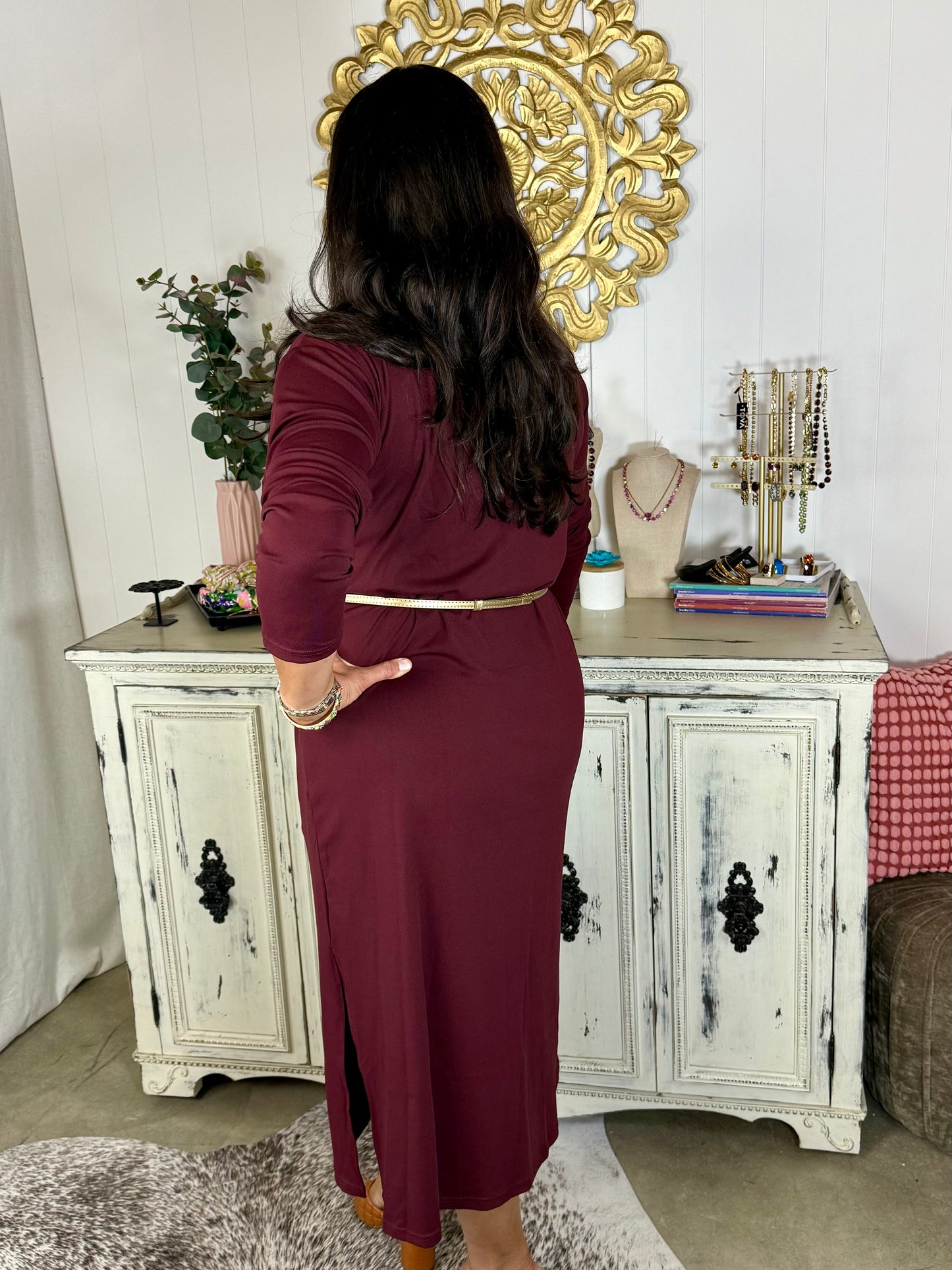 Merlot Long Sleeve Midi Dress
