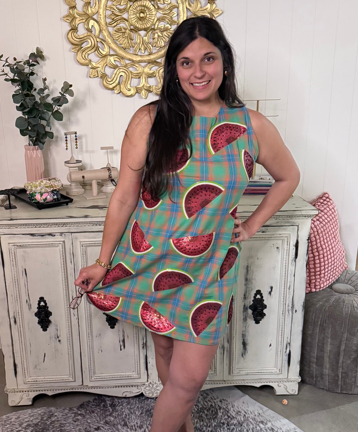 Queen of Sparkles Green Plaid Sequin Watermelon Dress