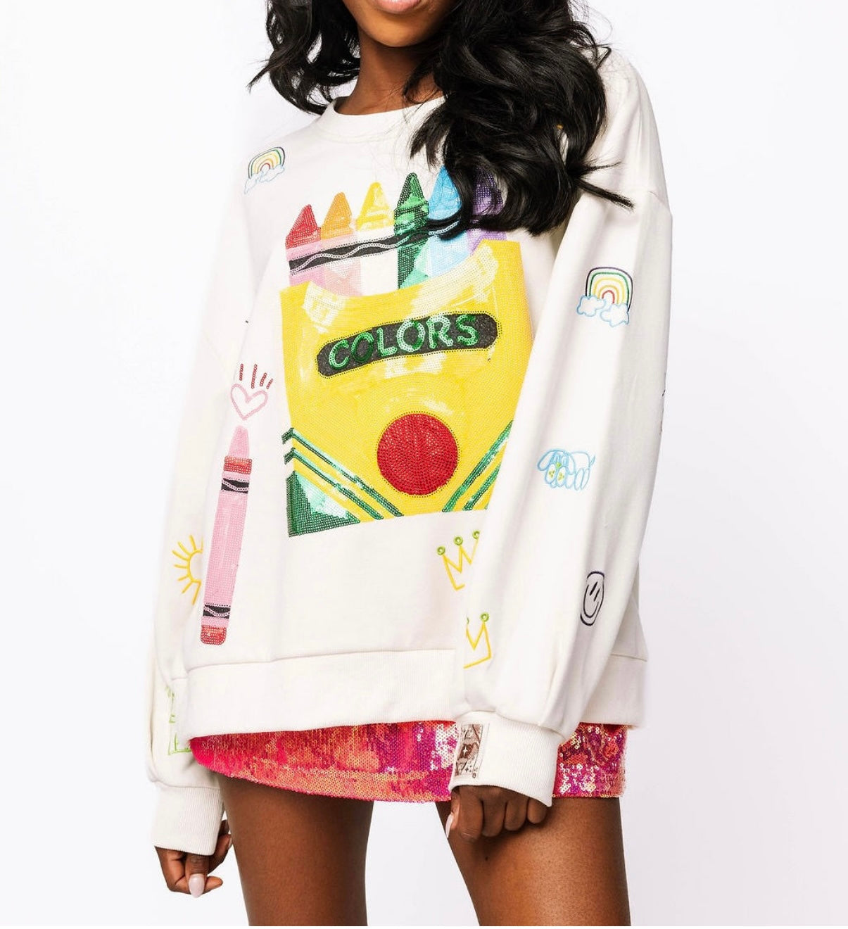 Queen of Sparkles Beige Multi Crayon and Doodle Sweatshirt
