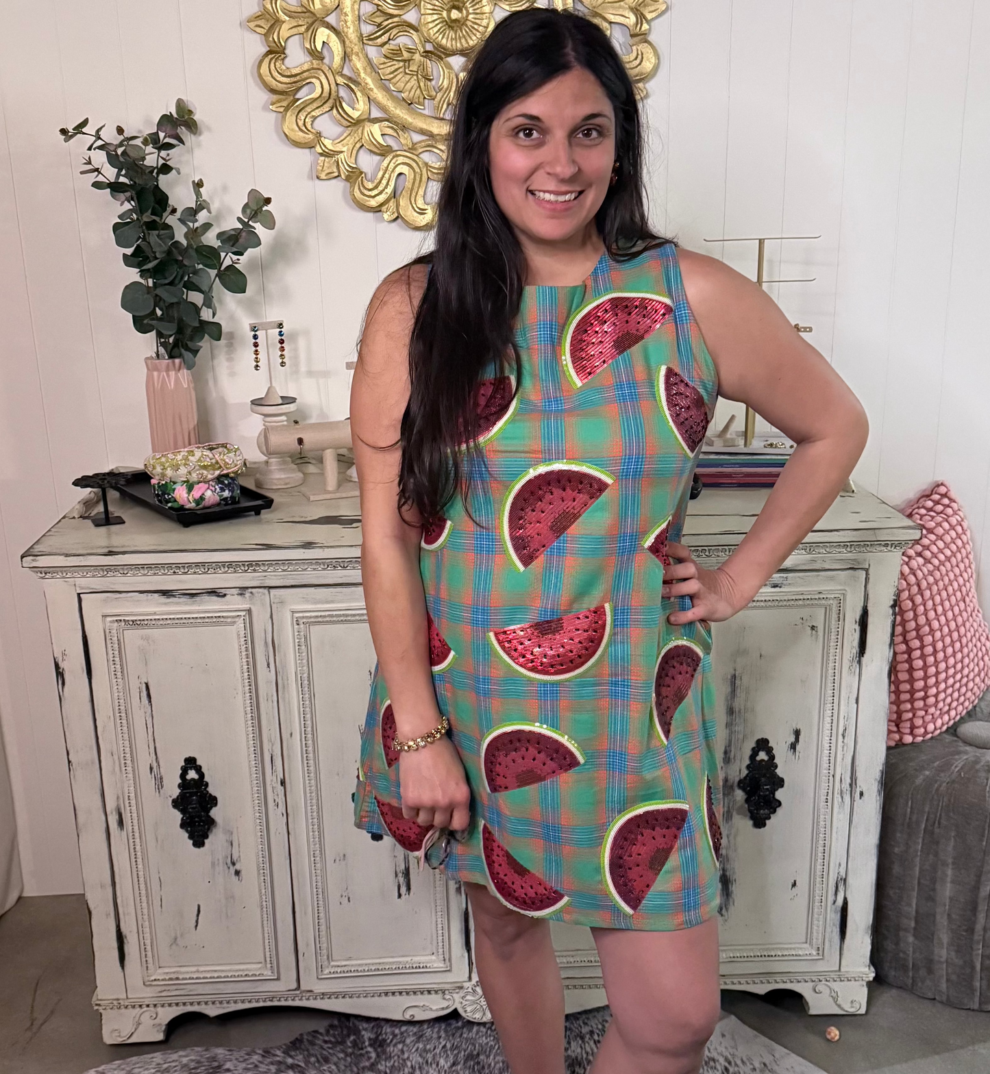Queen of Sparkles Green Plaid Sequin Watermelon Dress