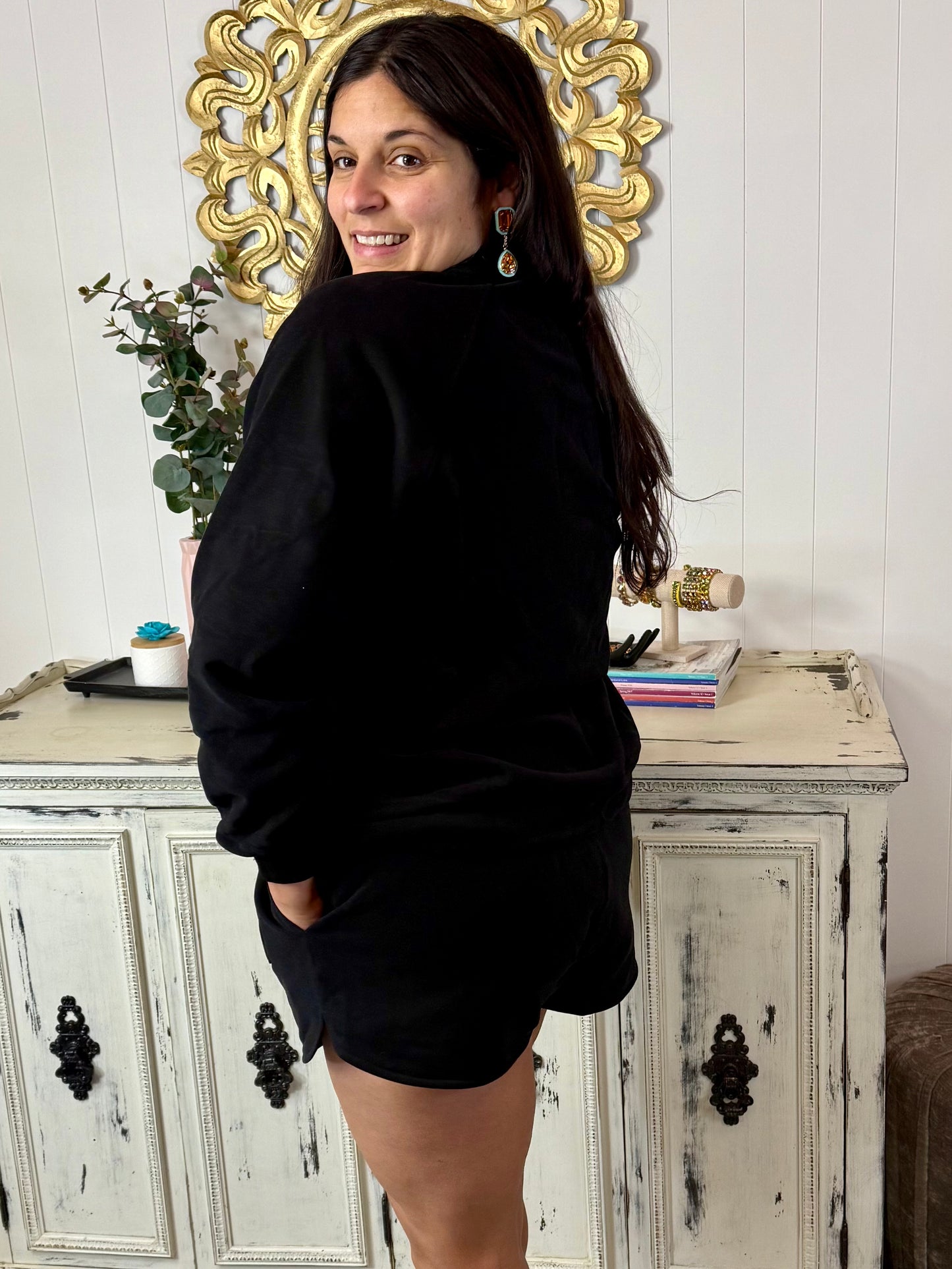 Queen of Sparkles Black QOS Card Rhinestone Tie Sweatshirt