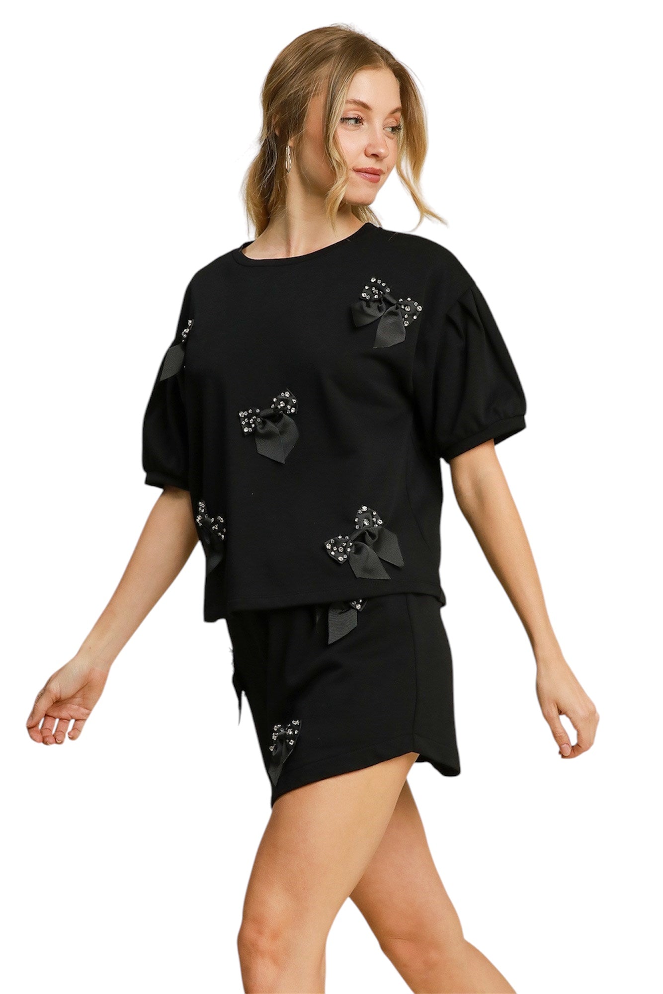 Black French Terry Skort with Rhinestone Ribbon Details