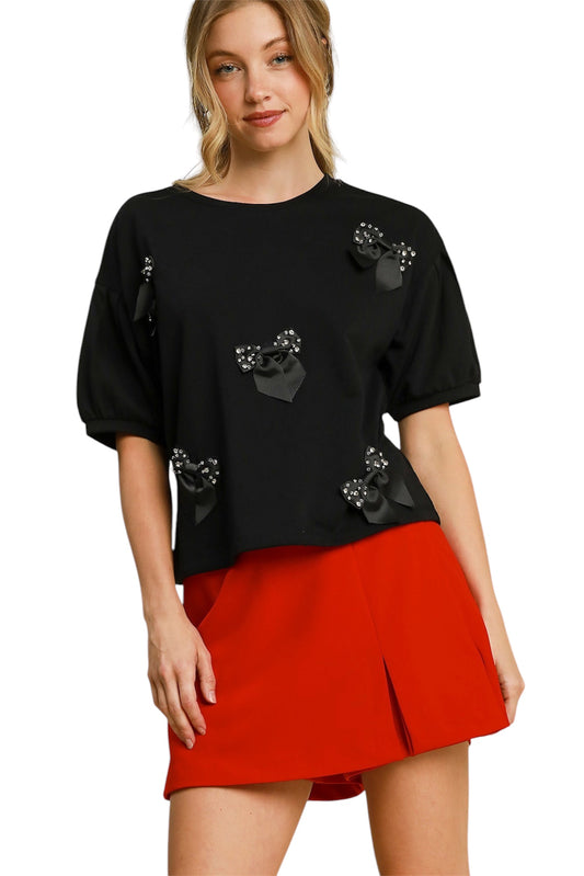 Black French Terry Top with Rhinestone Ribbon Detail