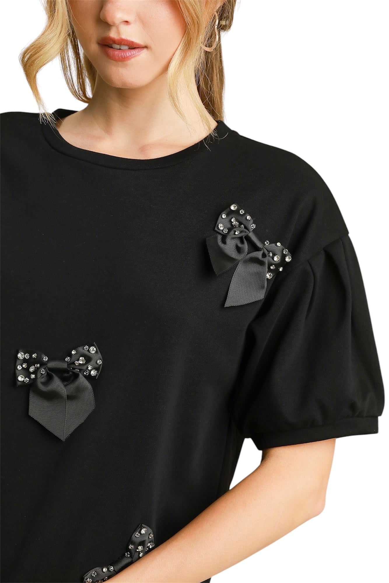 Black French Terry Top with Rhinestone Ribbon Detail