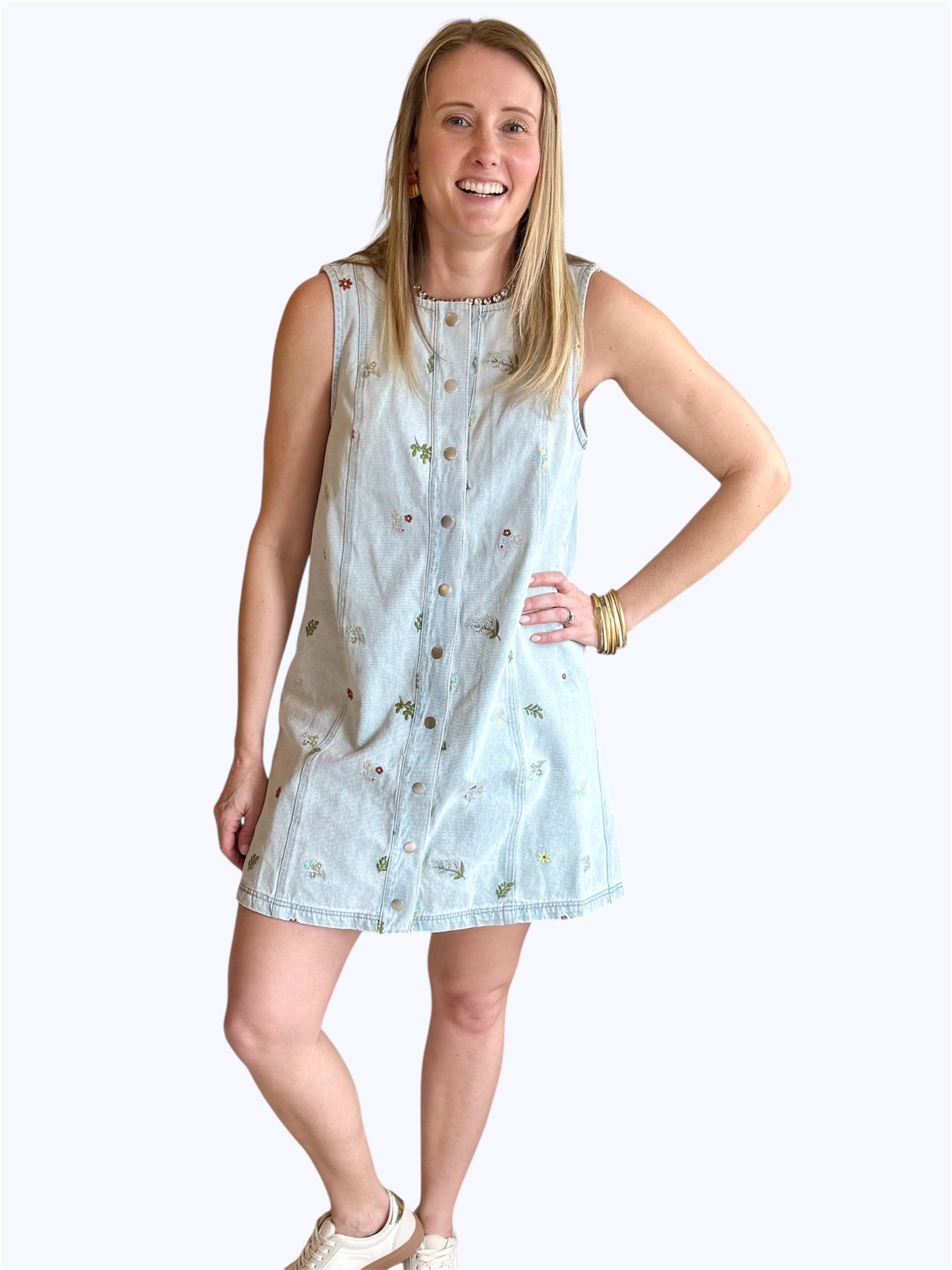 Denim Button Down Embroidered Dress