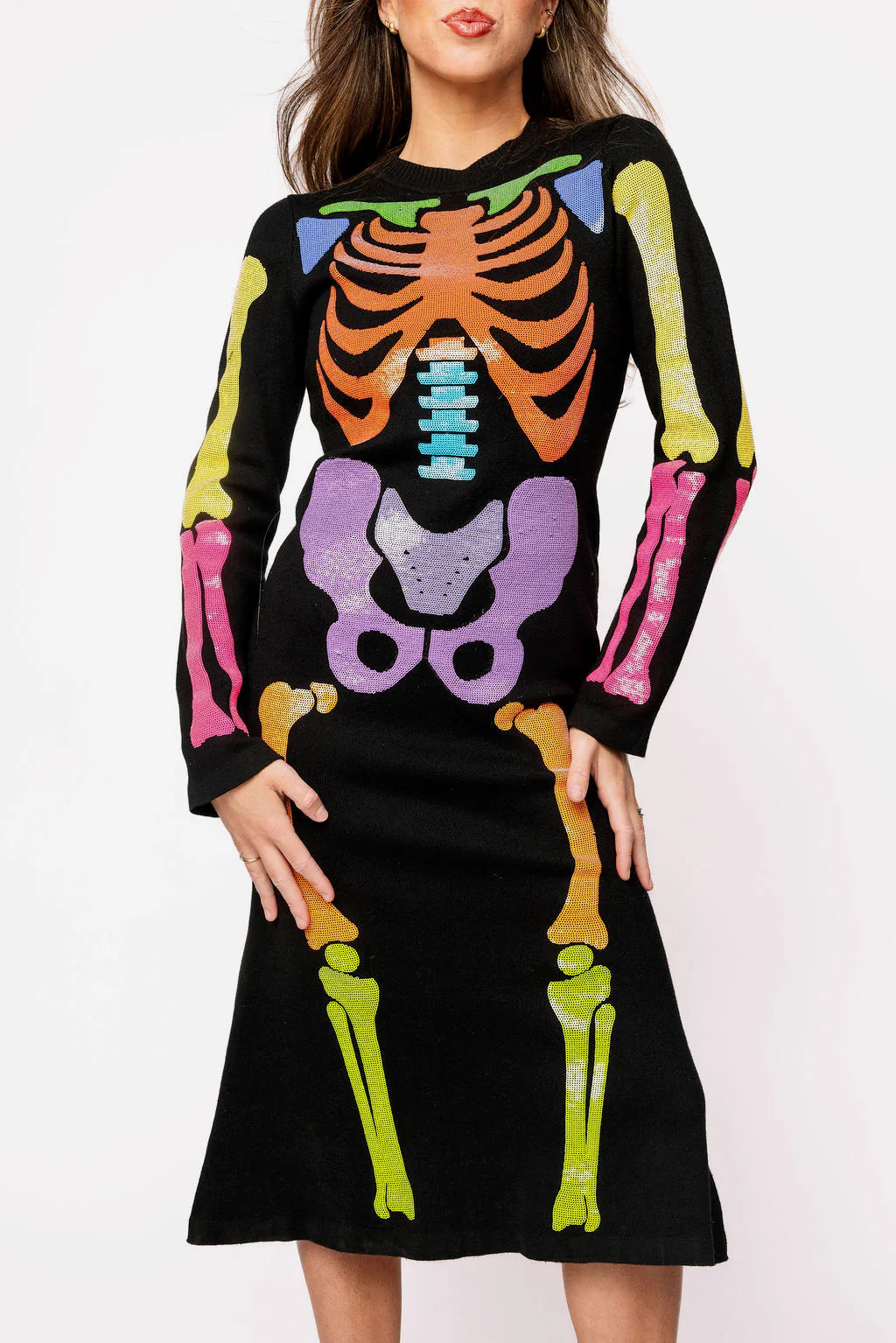 Queen of Sparkles Black Multi Skeleton Knit Midi Dress