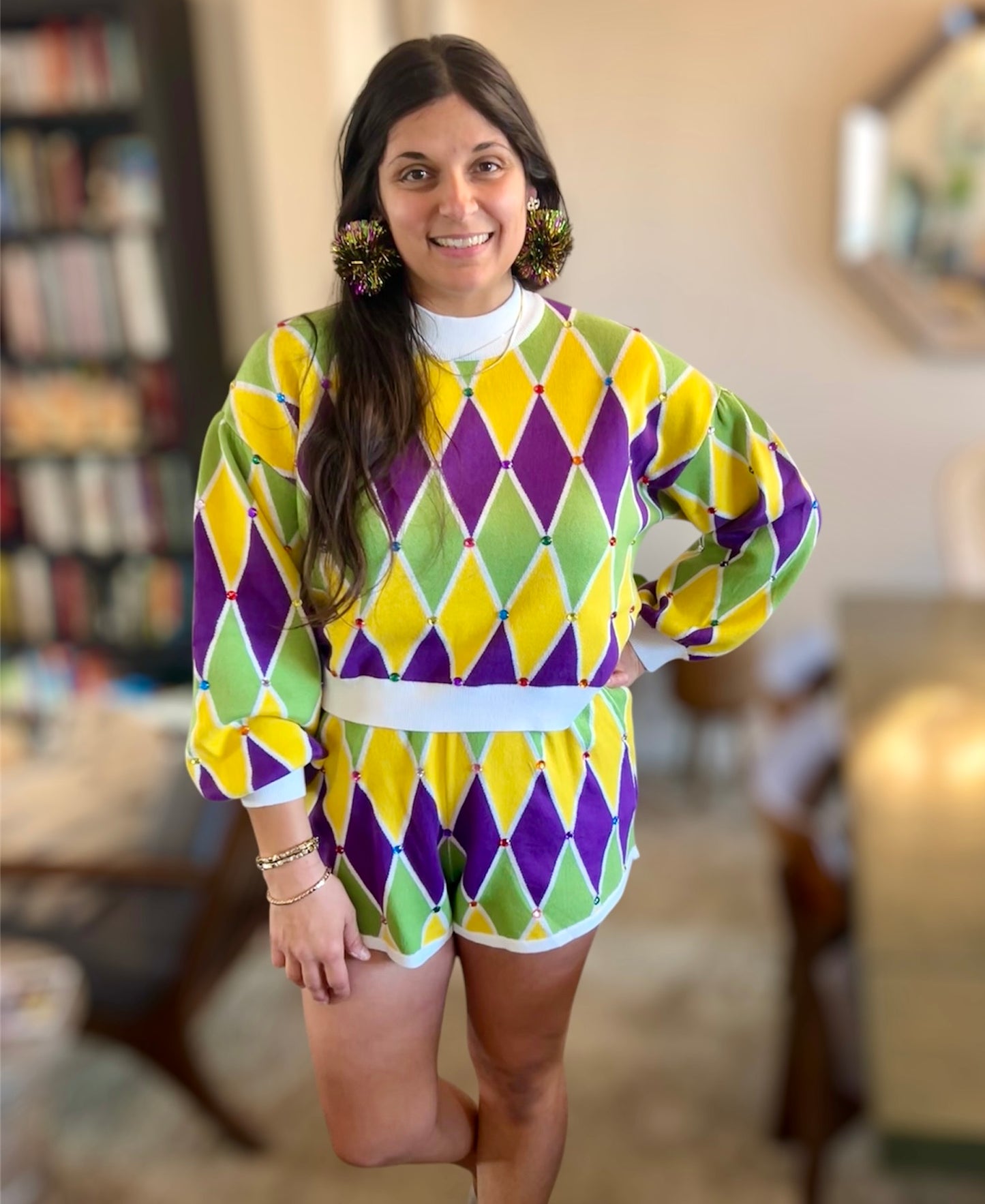 Queen of Sparkles Multi Mardi Gras Diamond Pattern Sweater