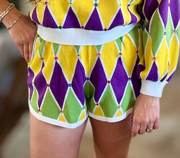 Queen of Sparkles Multi Mardi Gras Diamond Pattern Shorts