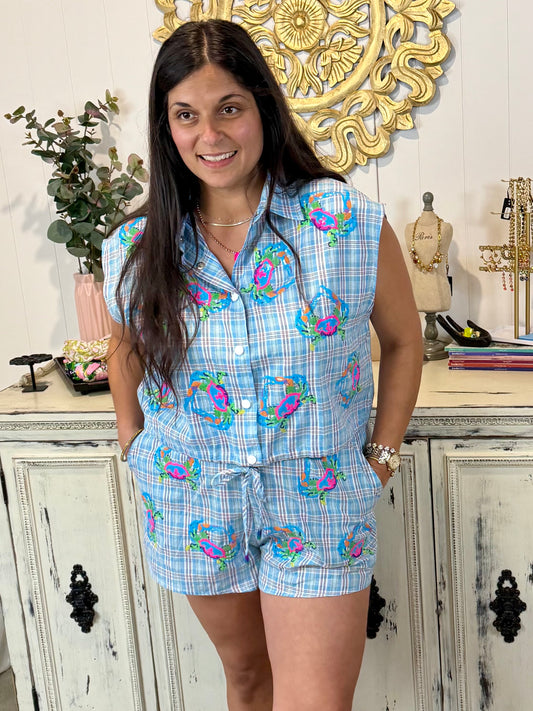Queen of Sparkles Blue Plaid Multi Crab Tank