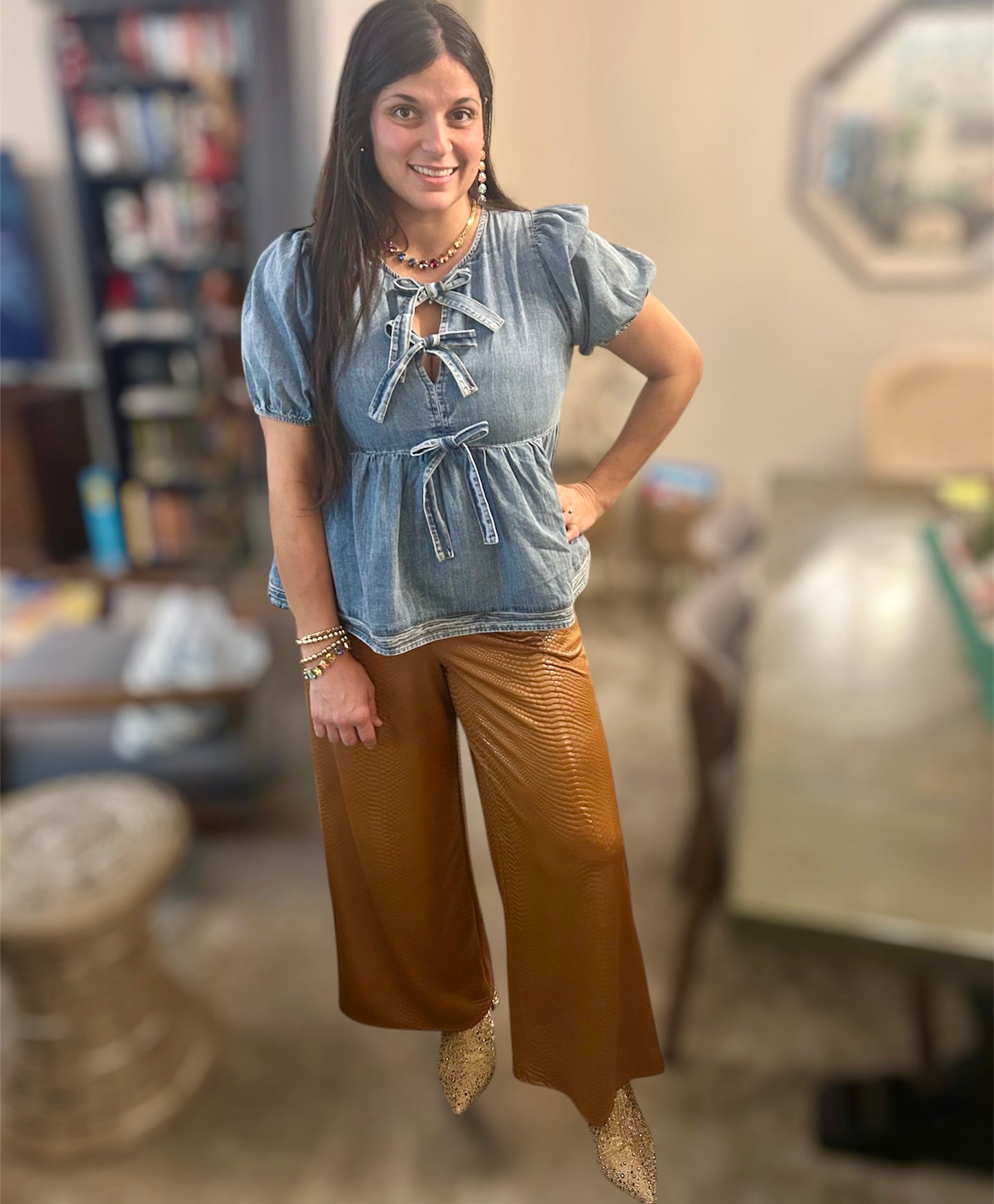 Short Puff Sleeve Denim Blouse with Front Bow Tie