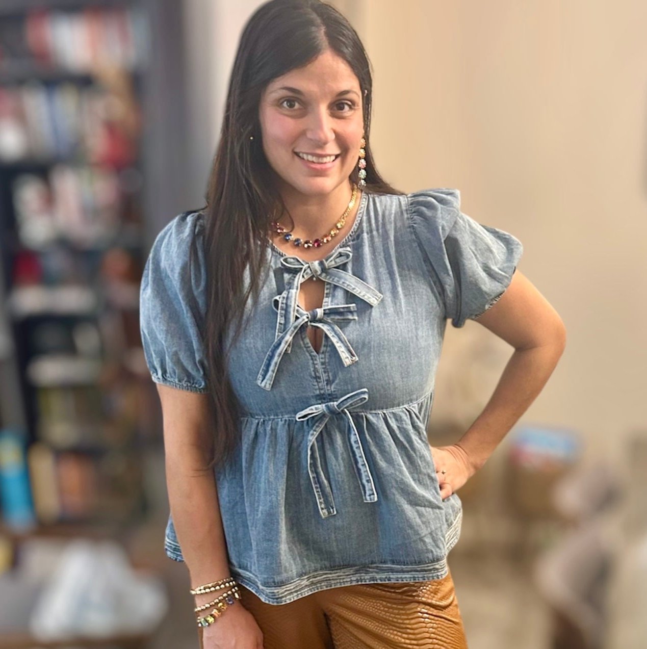 Short Puff Sleeve Denim Blouse with Front Bow Tie