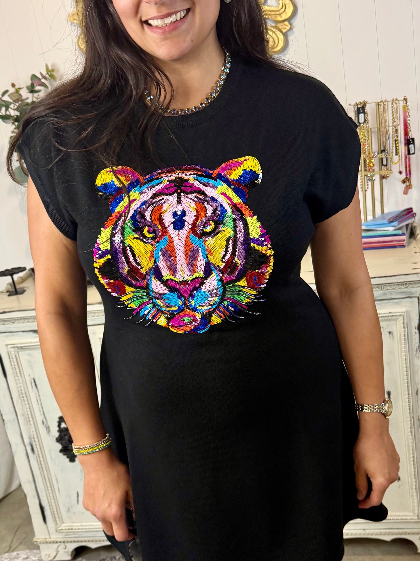 Queen of Sparkles Black Rainbow Tiger Dress