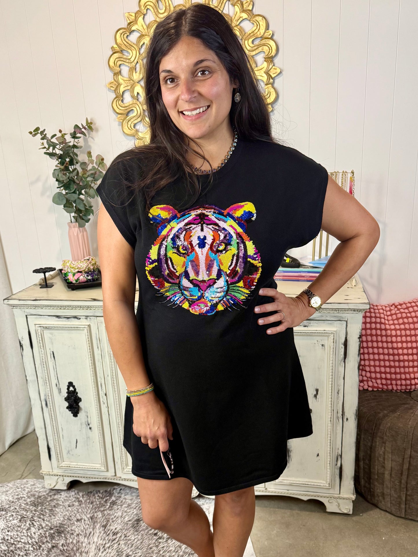 Queen of Sparkles Black Rainbow Tiger Dress