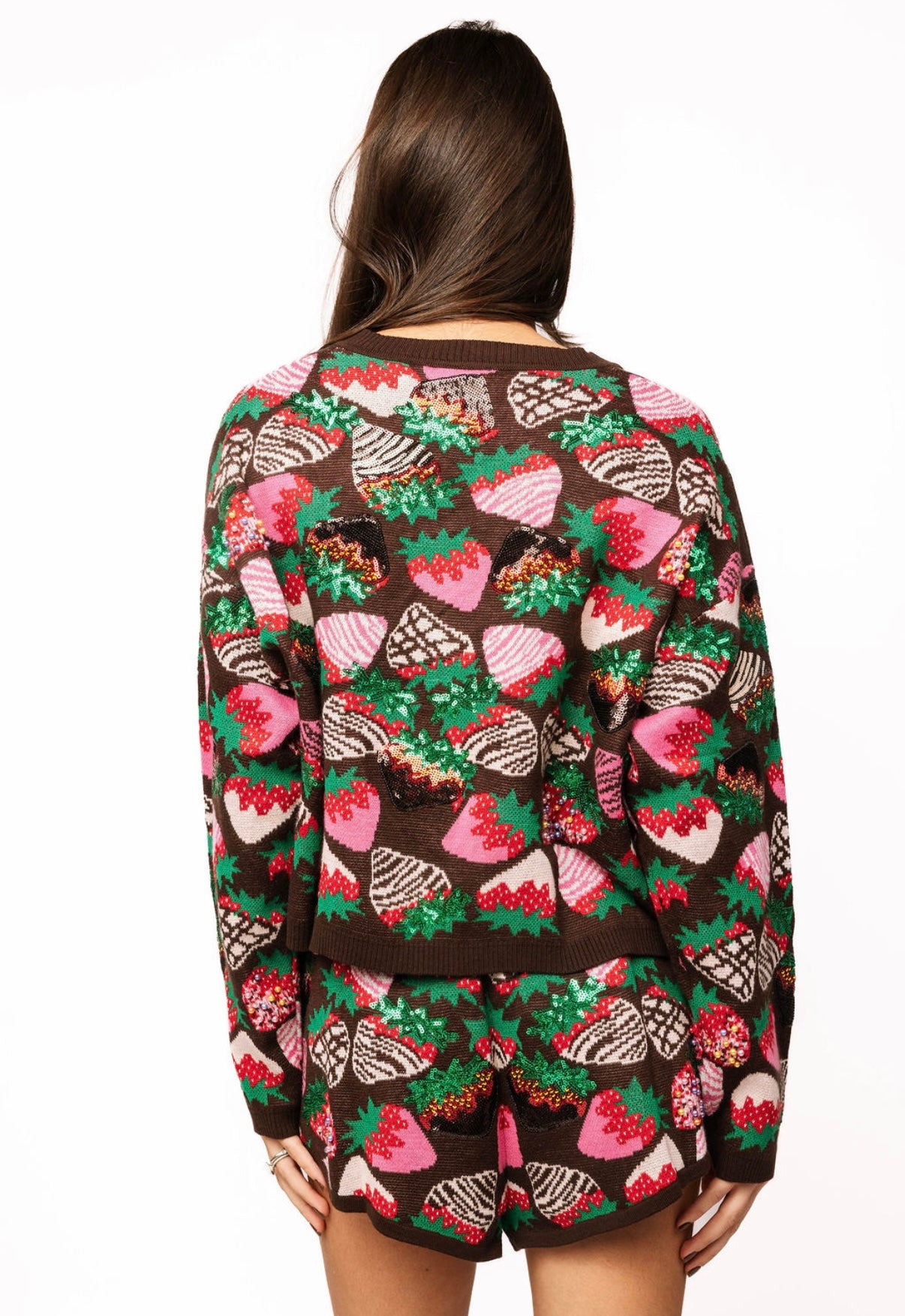 Queen of Sparkles Brown Multi Strawberry Sweater