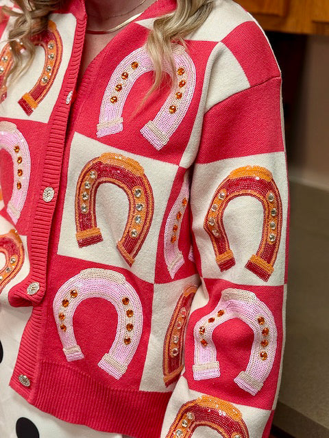 Queen of Sparkles Hot Pink Checkered Horse Shoe Sweater