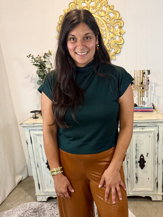 Hunter Green Solid Knit Mock Neck Pullover Top