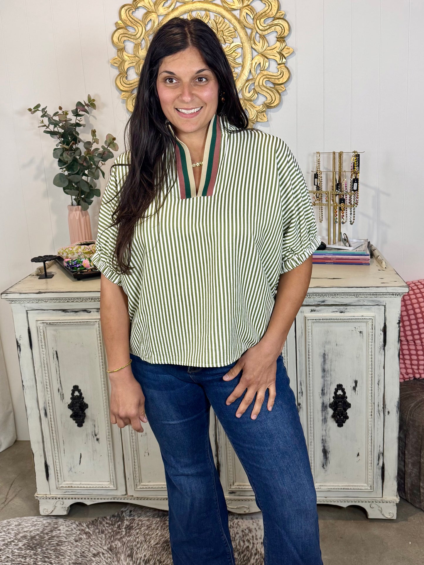 Olive Striped Dolman Sleeve Pullover Top
