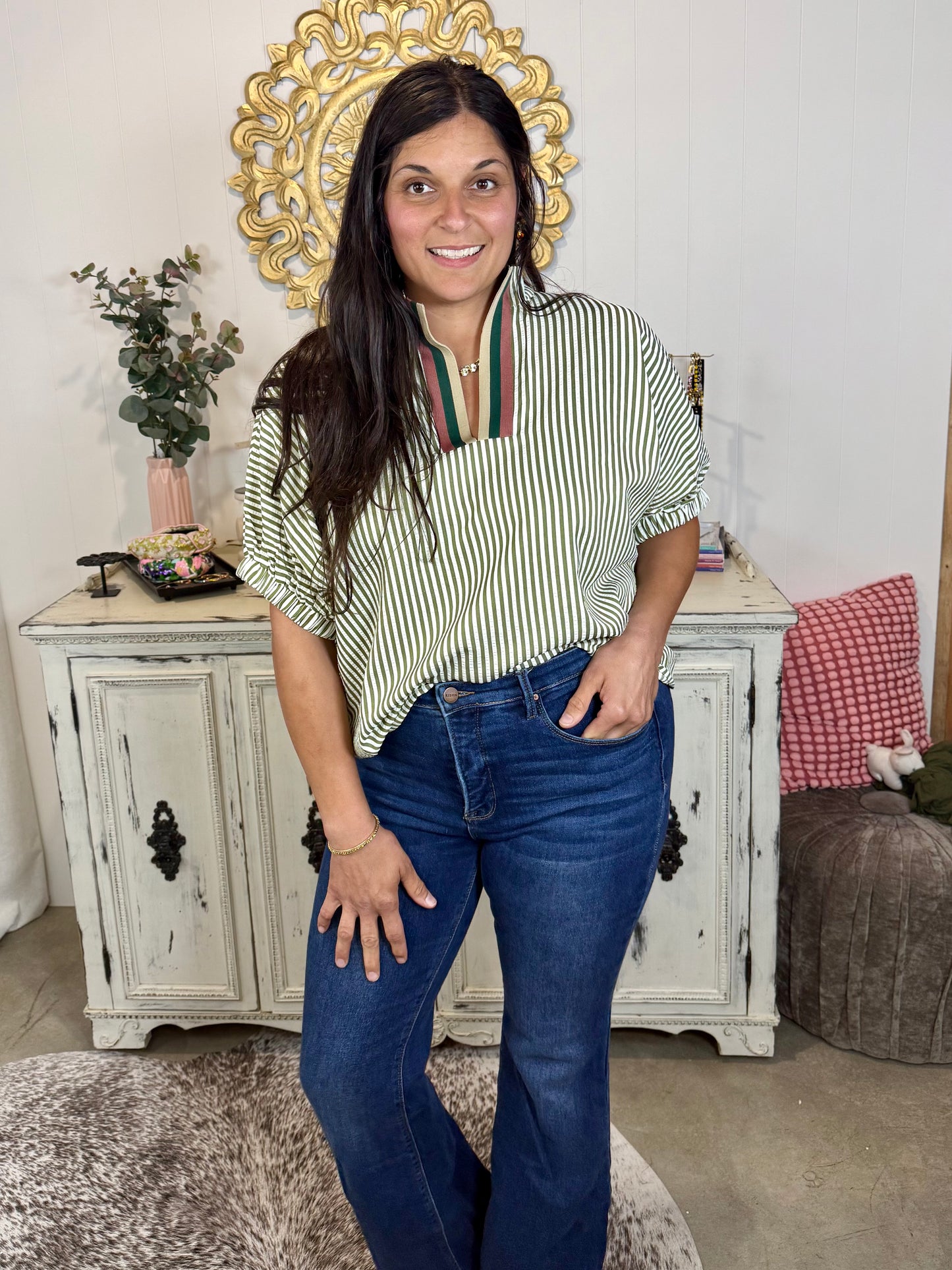 Olive Striped Dolman Sleeve Pullover Top