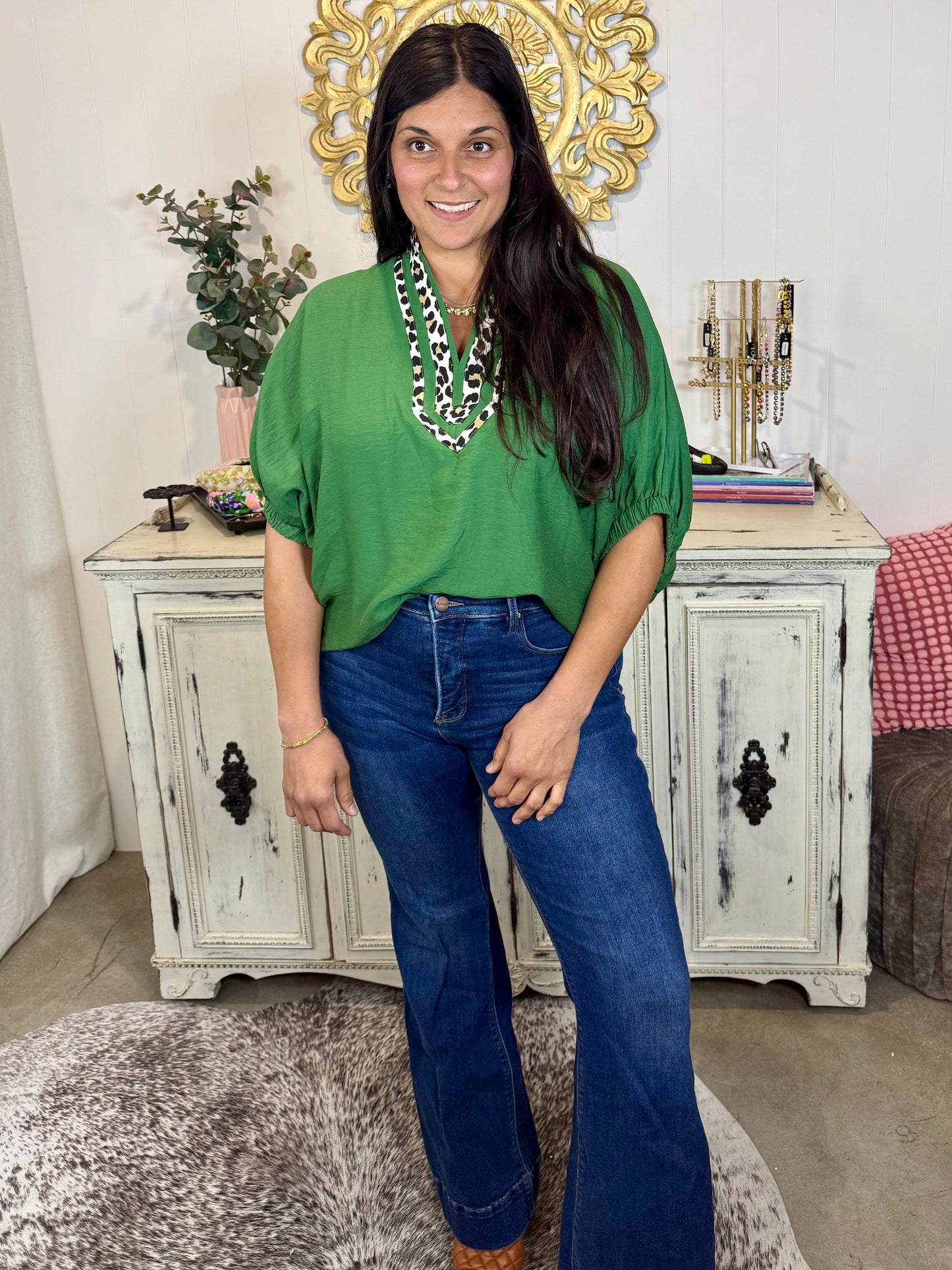 Fern and Leopard Dolman Sleeve Pullover Top