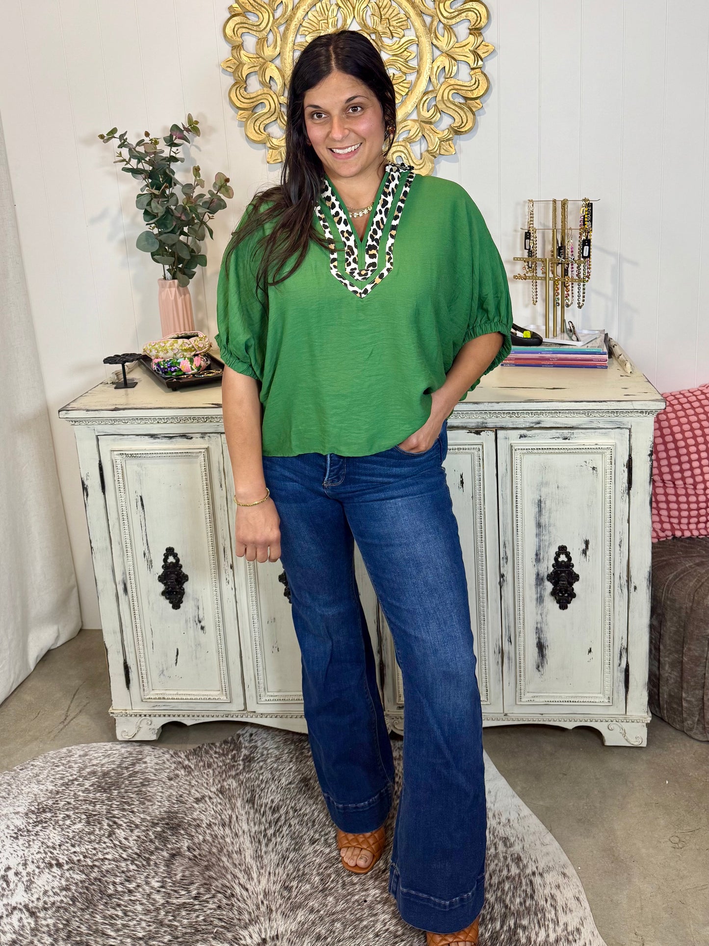 Fern and Leopard Dolman Sleeve Pullover Top