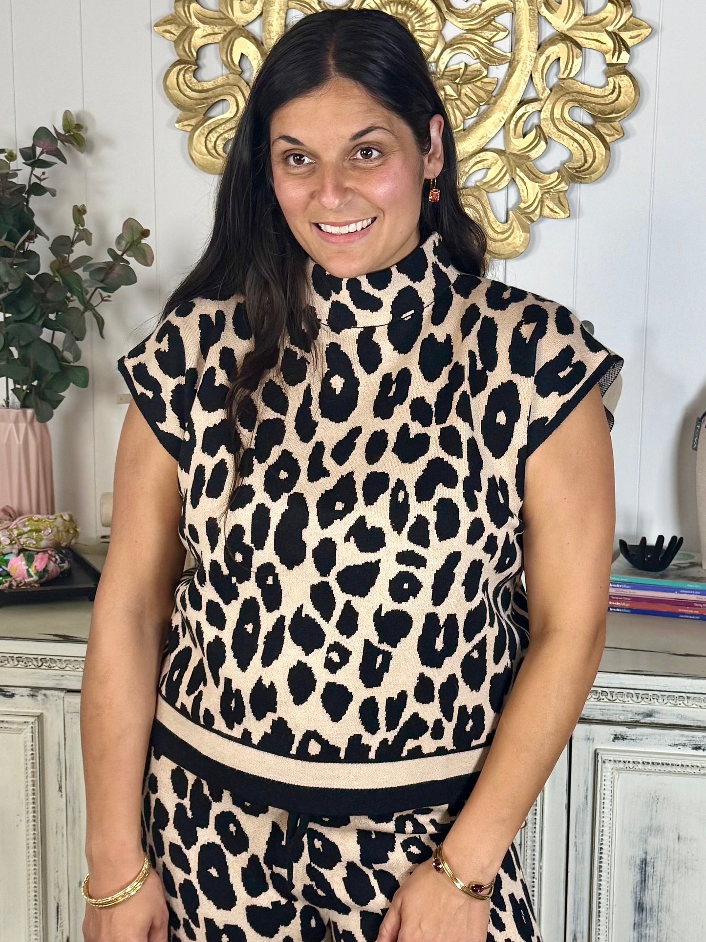 Black Leopard Mock Neck Knit Top