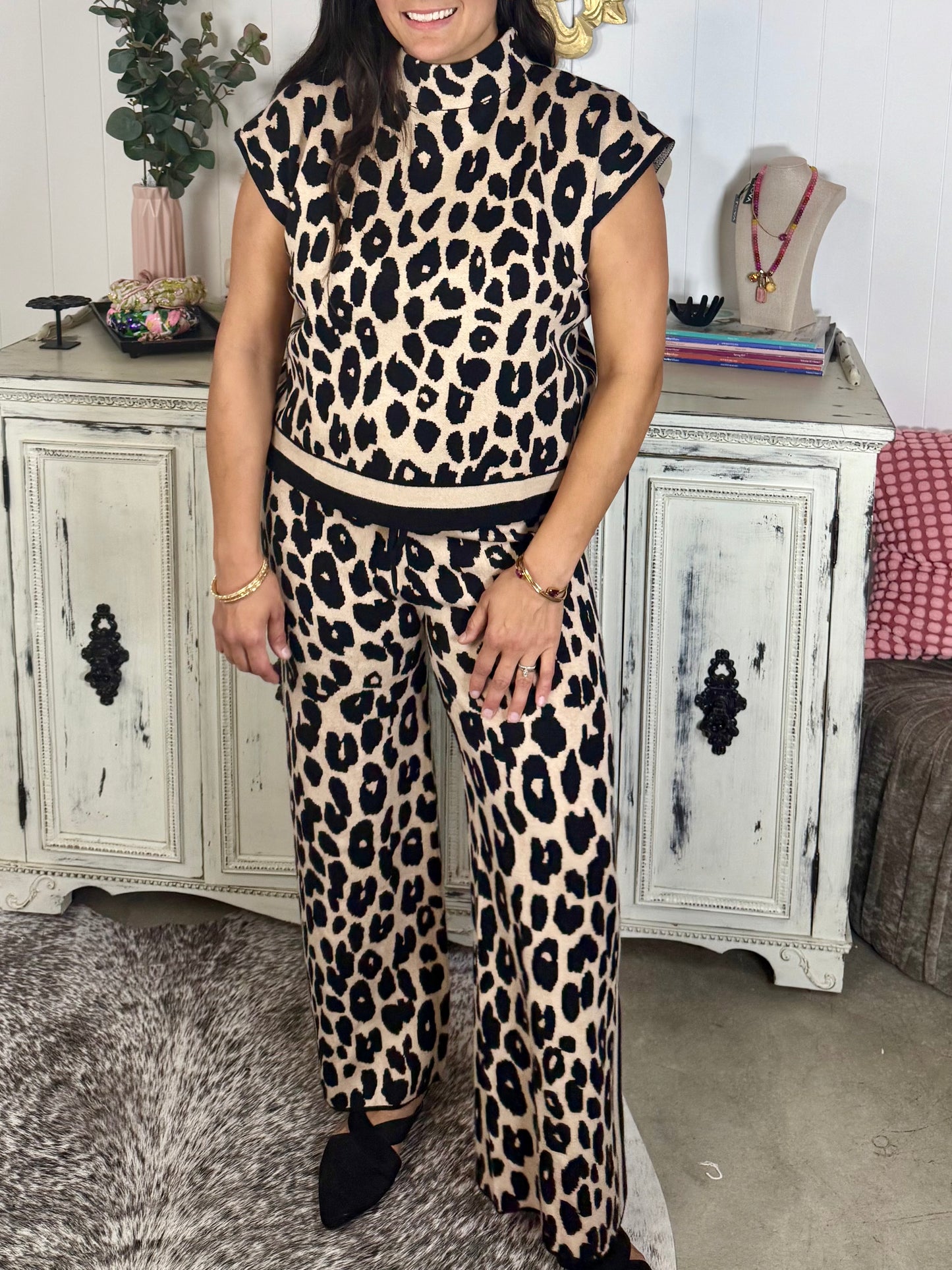 Black Leopard Mock Neck Knit Top