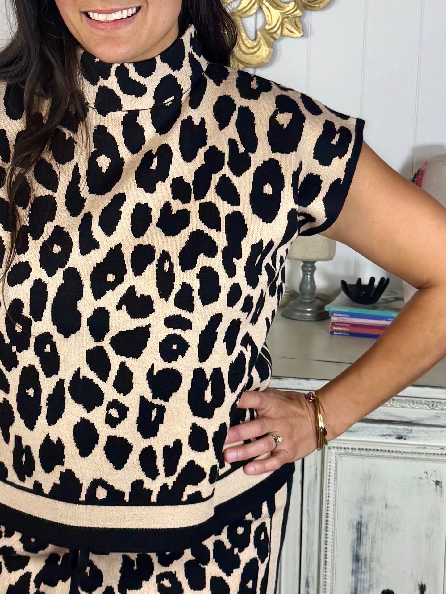 Black Leopard Mock Neck Knit Top