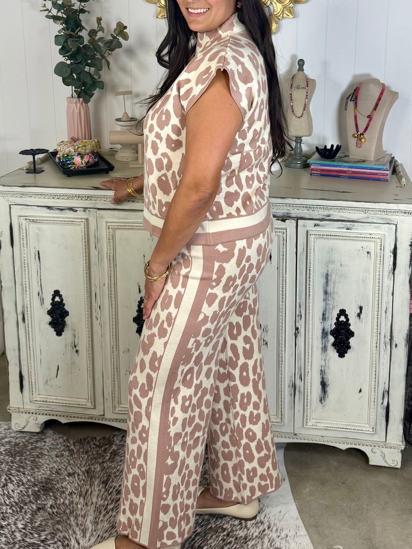 Taupe Leopard Mock Neck Knit Top