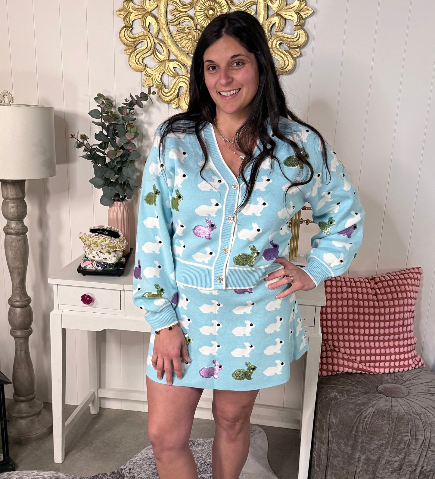 Queen of Sparkles Light Blue Scattered Bunny Cardigan