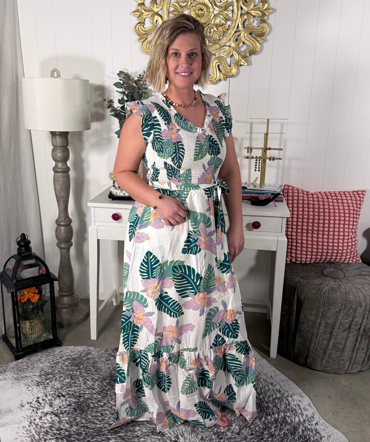 Tropical Floral Off White Ruched Maxi Dress