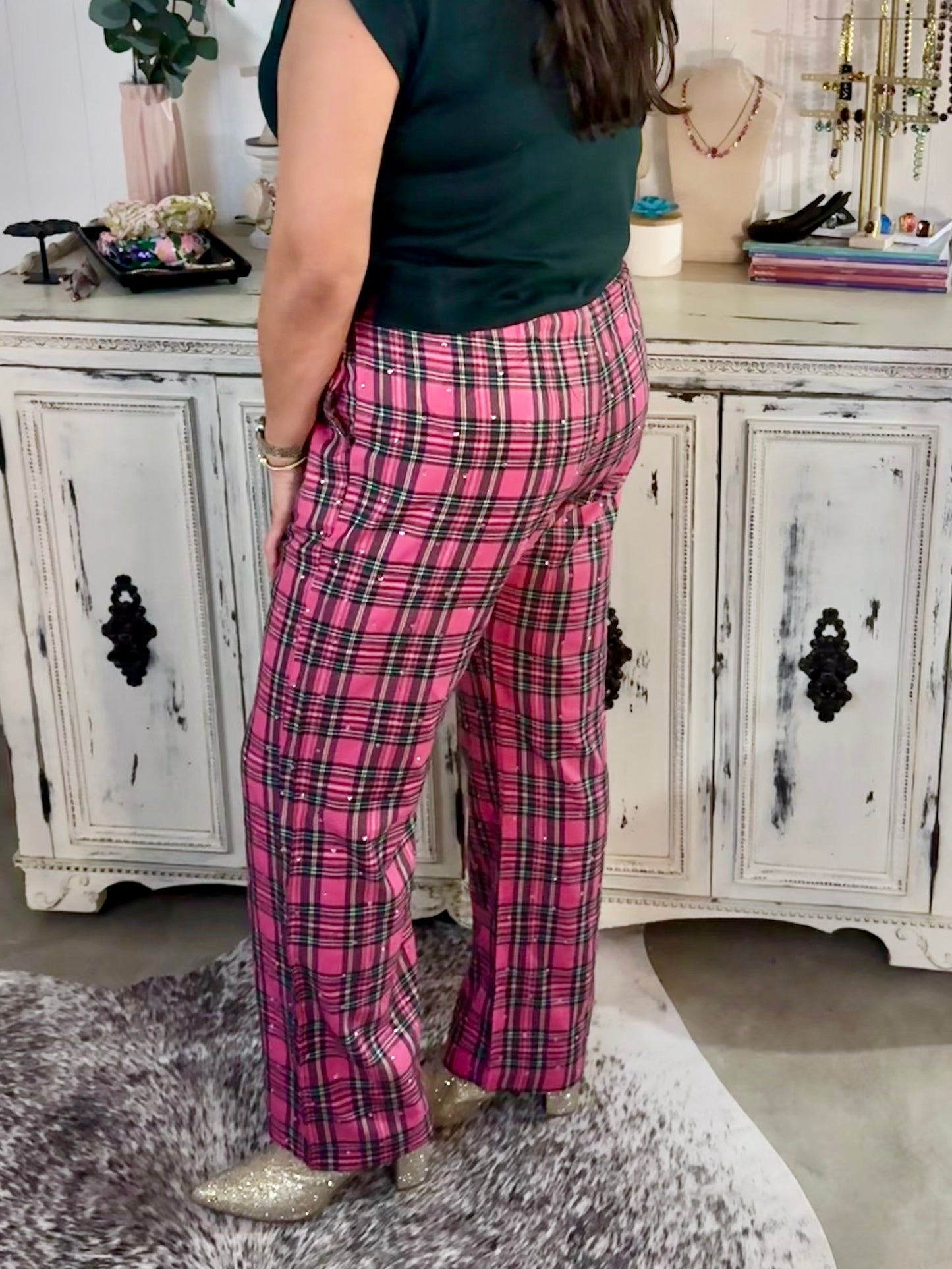 Queen of Sparkles Pink Plaid Pants