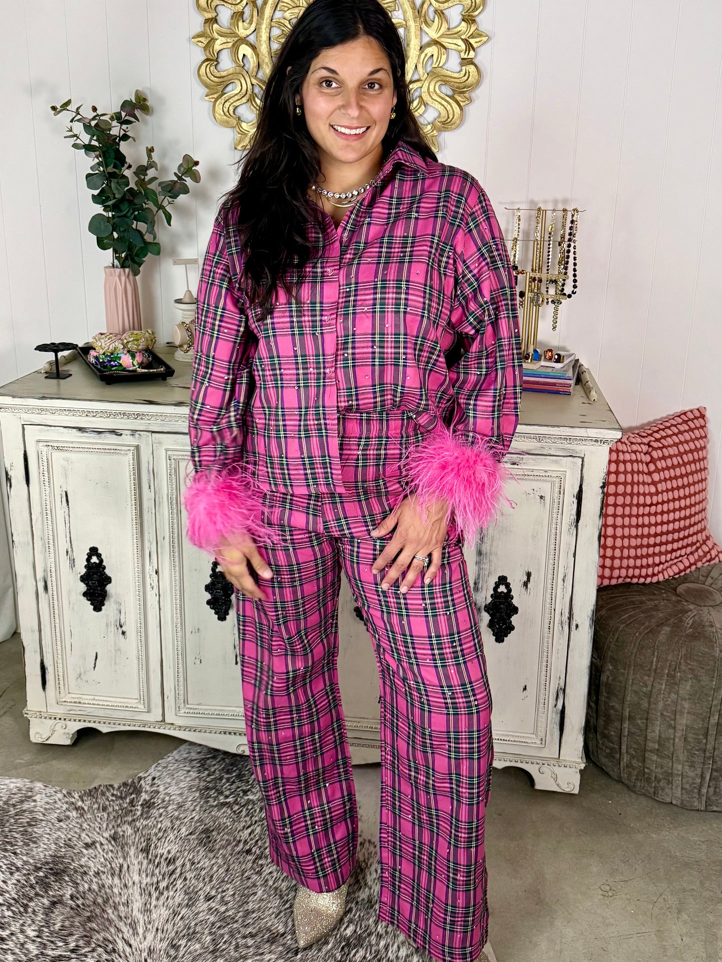 Queen of Sparkles Pink Plaid Feather Top