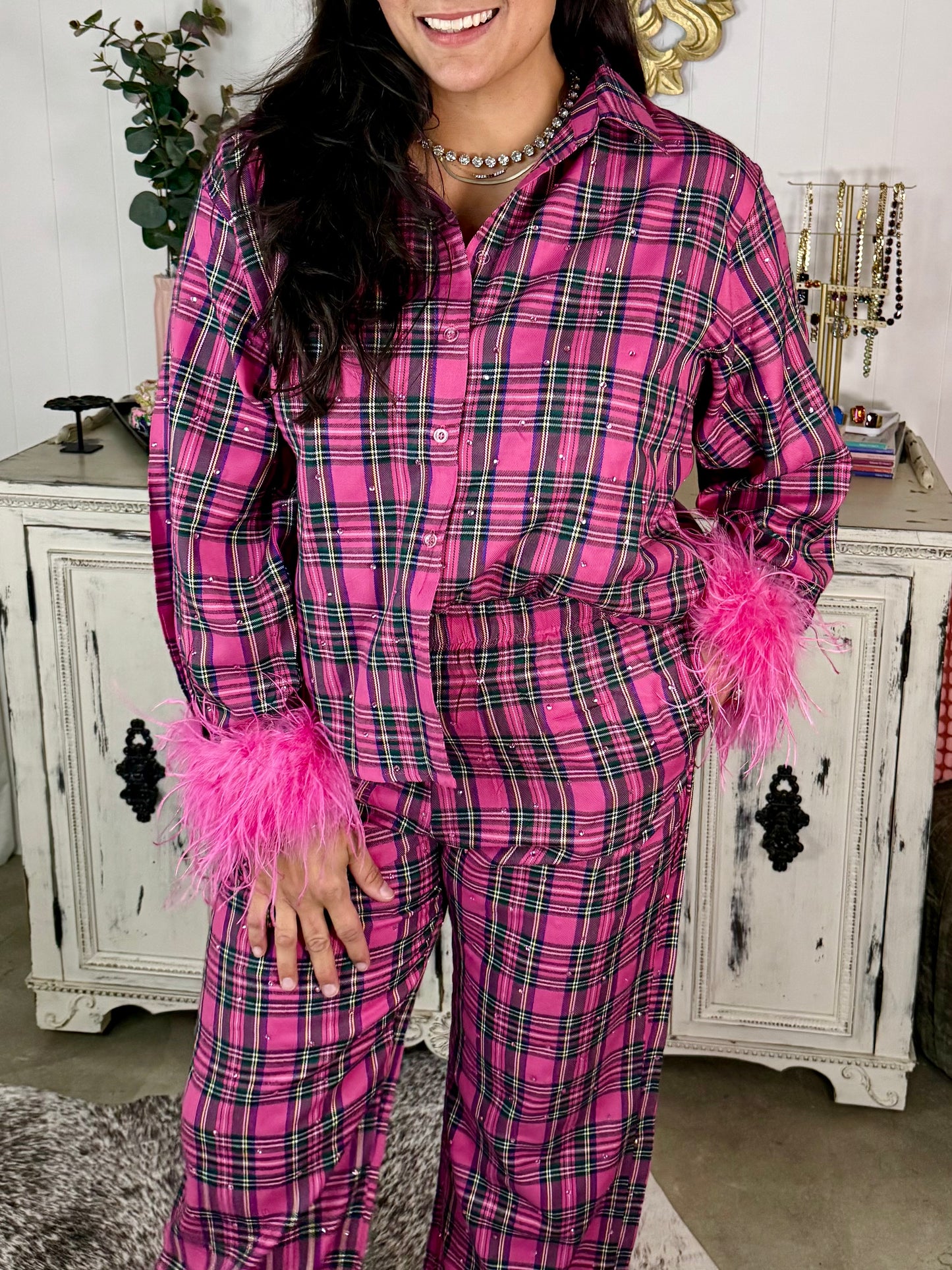 Queen of Sparkles Pink Plaid Feather Top