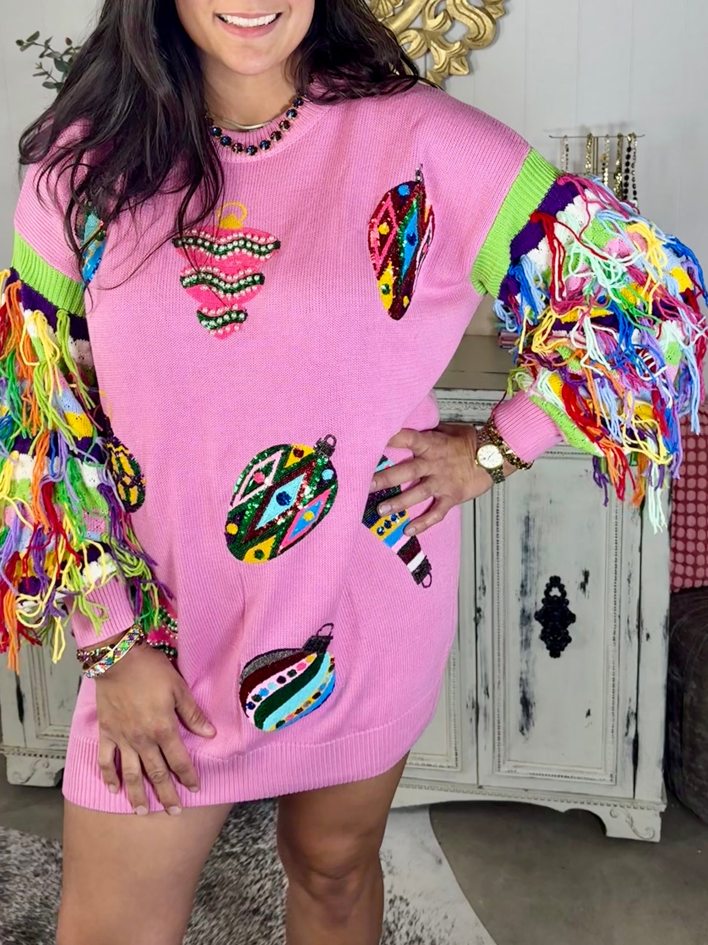 Queen of Sparkles Pink Multi Jeweled Ornament Fringe Sweater Dress