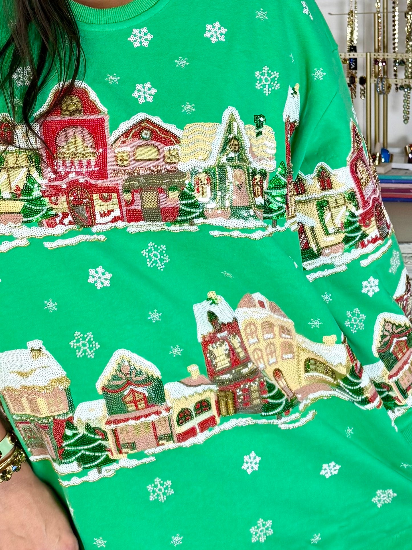 Queen of Sparkles Green Christmas Village Sweatshirt Dress
