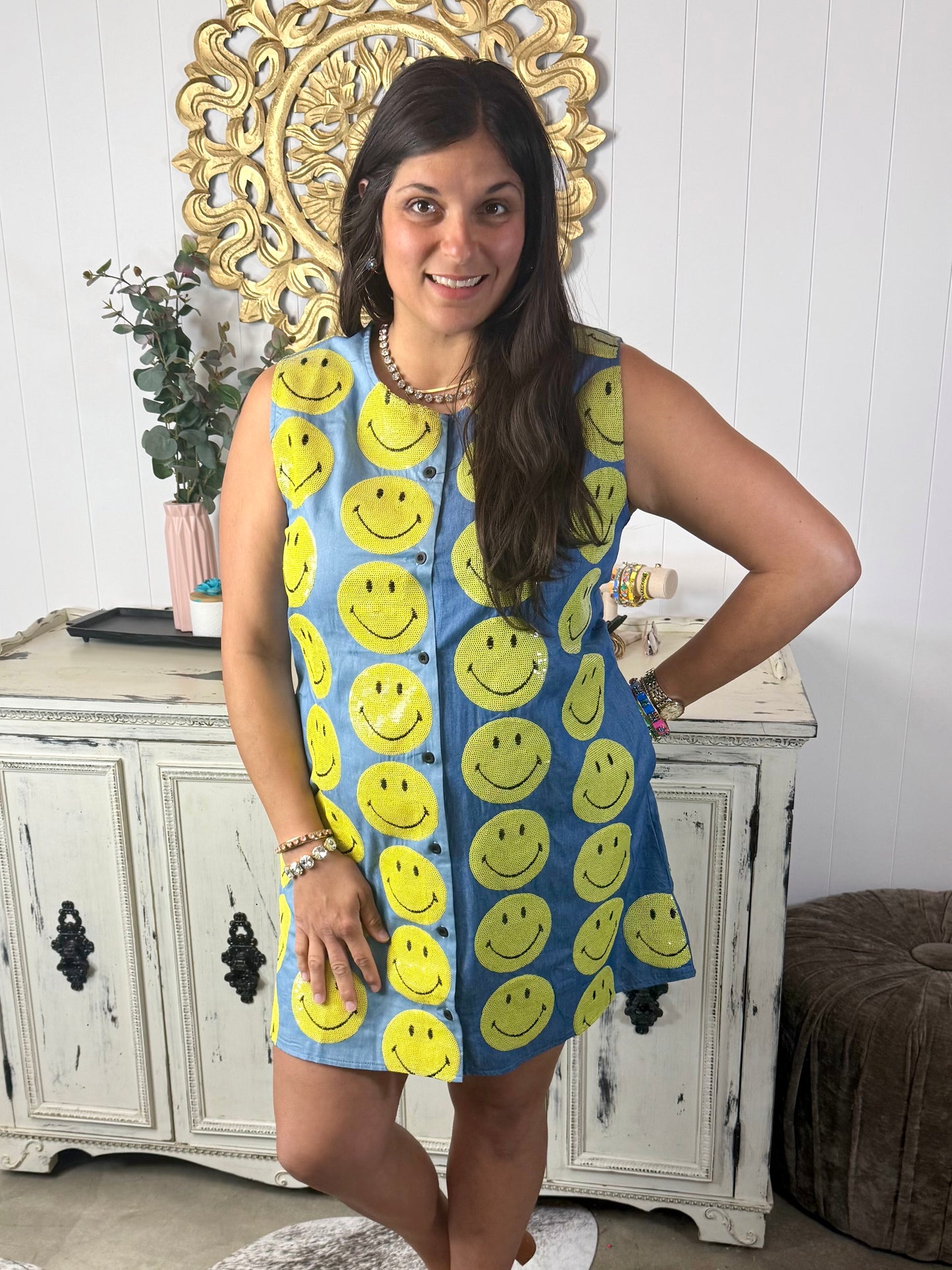 Queen of Sparkles Licensed Two Tone Denim Smiley Dress