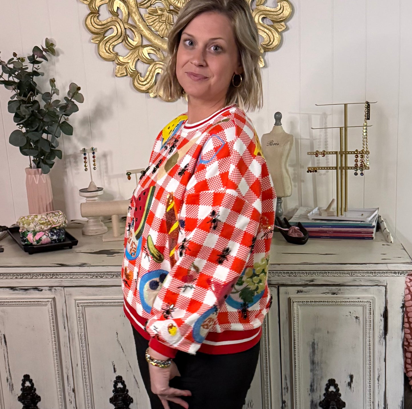 Queen of Sparkles Red & White Checkered Picnic Sweatshirt