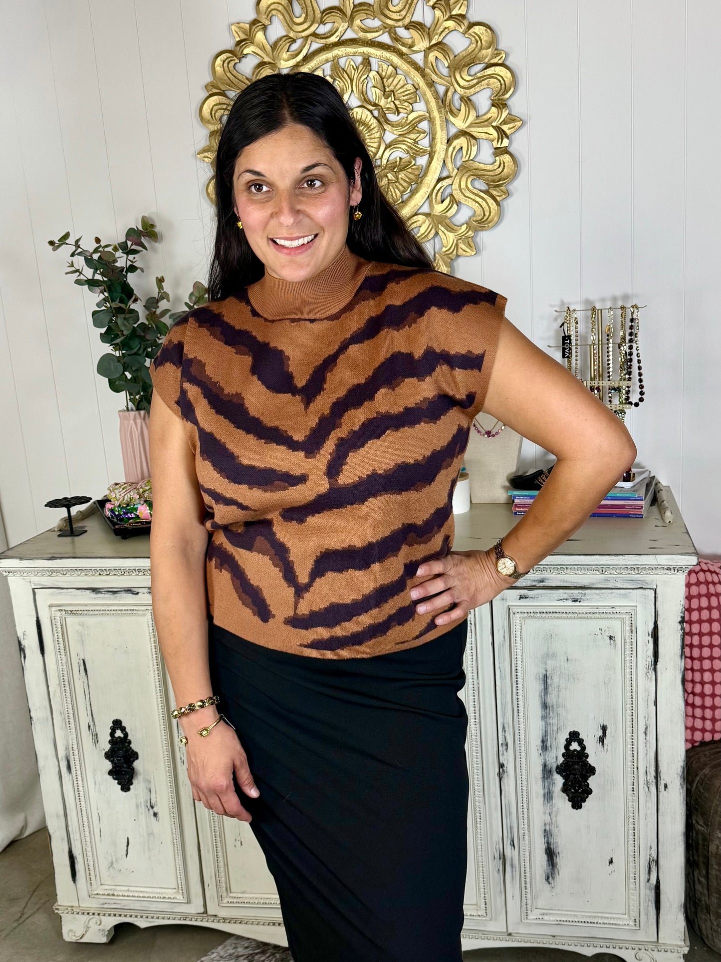 Animal Pattern Short Sleeve Mock Neck